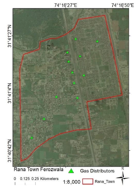 Figure 1. Locations of LNG distributors in Rana Town Ferozwala.